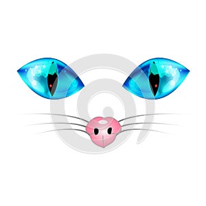 White Cat with Blue Eyes, Pink Nose and White Whisker. Vector Illustration.