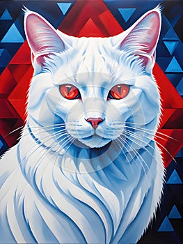 a white cat with blue eyes sitting on a red and blue background
