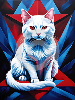 a white cat with blue eyes sitting on a red and blue background