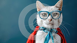 White cat with blue glasses and a red cape against a teal background.