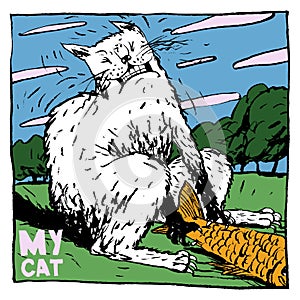 White cat drags big fish. Color illustration, perfect as a poster, print, print design.