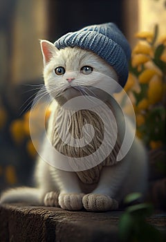 white cat dressed in knitted grey hat and sweater Winter pet concept. illustration calendar postcard illustration