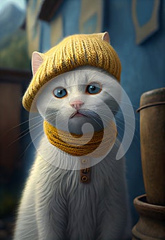 white cat dressed in knitted yellow hat and sweater Winter pet concept. illustration calendar postcard illustration
