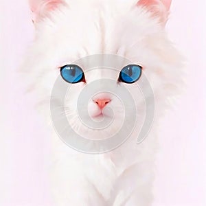 A white cat with electric blue eyes gazes at the camera on a white background