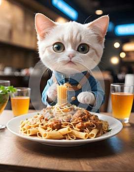White cat enjoying spaghetti at table, fulfilling carnivorous food craving