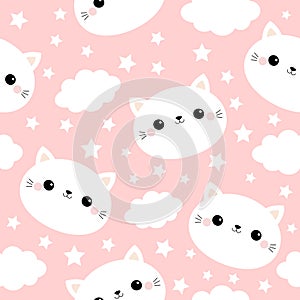 White cat face. Seamless Pattern. Cloud star in the sky. Cute cartoon kawaii funny smiling baby character. Wrapping paper, textile