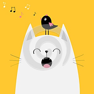 White cat face silhouette Bird on head. Meowing singing song. Music note flying. Cute cartoon funny character. Kawaii animal. Baby