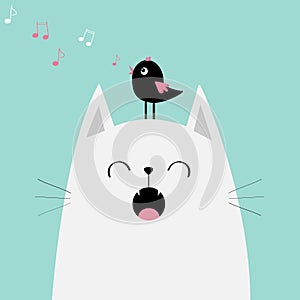 White cat face silhouette meowing singing song. Bird on head. Music note flying. Cute cartoon funny character. Kawaii