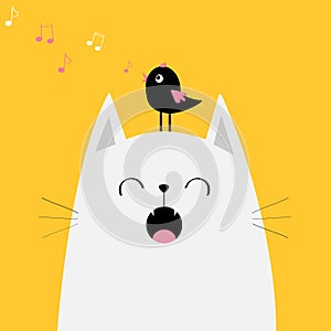 White cat face silhouette meowing singing song. Bird on head. Music note flying. Cute cartoon funny character. Kawaii animal. Baby