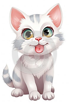 a white cat with green eyes and a pink nose sitting down and making a funny face with its tongue out and tongue out, with a white