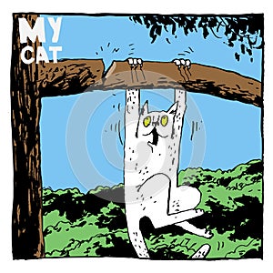 A white cat is hanging on a branch that has cracked and is now collapsing. Color illustration, perfect as a poster, print, design