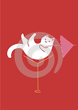 White cat having a relax time in martini glass with cocktail umbrella. Cute character on red background, greeting card