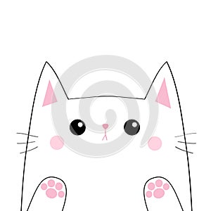 White cat head face silhouette. Black contour. Paw print hand. Pink blush cheeks. Funny Kawaii sad animal. Baby card. Cute cartoon