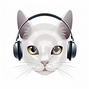 a white cat with headphones on it\'s ears is looking at the camera and has a surprised look on its fa