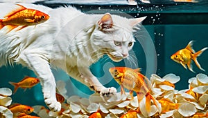 White cat inside a fish tank with goldfish swimming around, AI-generated.