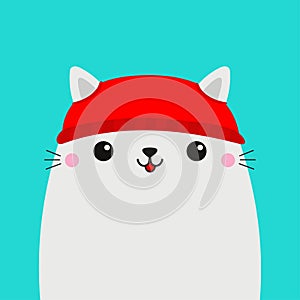 White cat kitten kitty head face. Red hat. Merry Christmas. Happy New Year. Greeting card. Cute cartoon kawaii baby character.