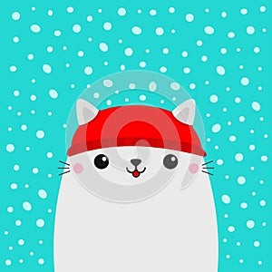 White cat kitten kitty head face. Red hat. Merry Christmas. Happy New Year. Greeting card. Cute cartoon kawaii baby character.