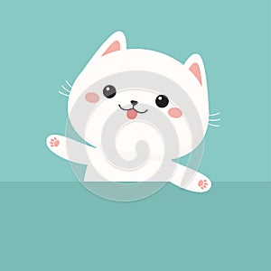 White cat kitten kitty hides behind the paper. Pink paw print. Cute kawaii cartoon funny baby character. Happy Valentines Day.