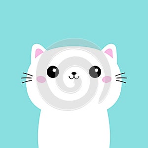 White cat kitten kitty icon. Funny happy face. Kawaii cute cartoon character. Baby greeting card tshirt notebook cover template.