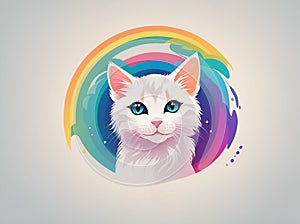 White cat logotype in rainbow background, Ai generated