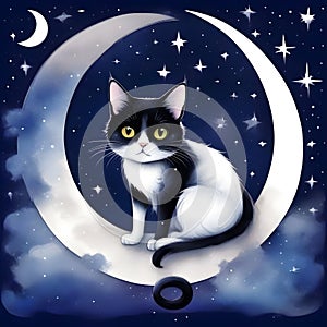 A white cat lounges on a crescent moon amidst stars, mystical night sky