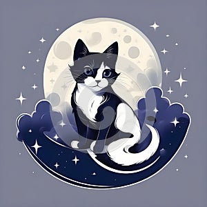 A white cat lounges on a crescent moon amidst stars, mystical night sky. Fantasy art for dreamy or magical themes