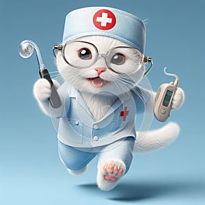 White cat in medical clothes with a stethoscope runs. Medical care for pets. Veterinary service
