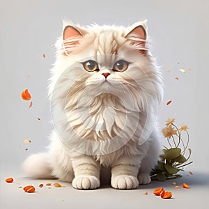 a white cat with orange eyes sitting on a gray background.