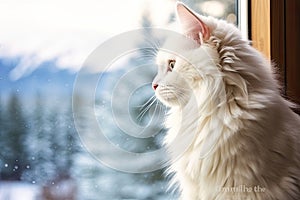 A white cat is perched on the window sill, gazing out through the glass. Its fur is fluffy and pristine, contrasting