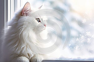 A white cat is perched on the window sill, gazing out through the glass. Its fur is fluffy and pristine, contrasting