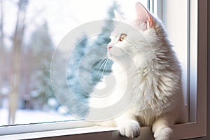 A white cat is perched on the window sill, gazing out through the glass. Its fur is fluffy and pristine, contrasting