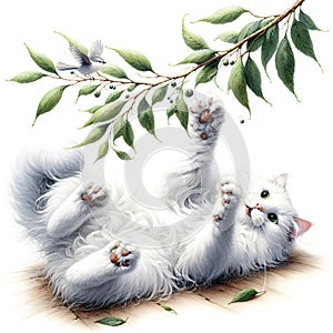 White Cat Playing With a Tree Branch