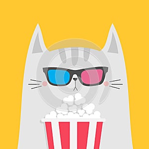 White cat and popcorn. Cinema theater. Cute cartoon funny character. Film show. Kitten watching movie in 3D glasses. Kids print
