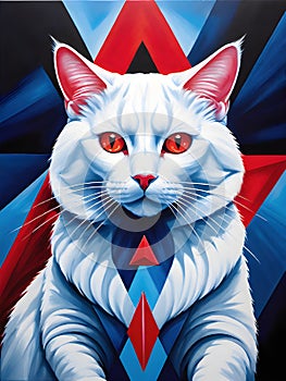 white cat on a red and blue background