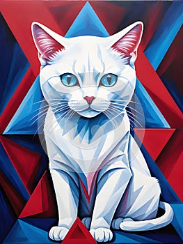 white cat on a red and blue background