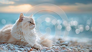 White Cat Resting on Sandy Beach