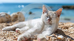 White Cat Resting on Sandy Beach