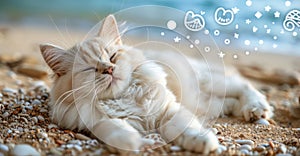 White Cat Resting on Sandy Beach