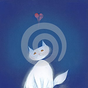 White cat, sad and brokenhearted against blue surface photo