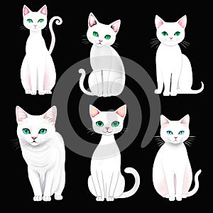 White cat set cartoon style illustration