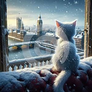 White cat sits on snow covered balcony with a view of Big Ben, London