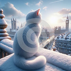 White cat sits on snow covered balcony with a view of Big Ben, London