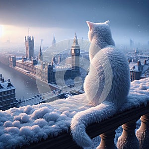 White cat sits on snow covered balcony with a view of Big Ben, London