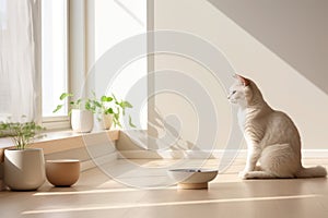 white cat sits on a wooden floor with a sunbeam on the wall