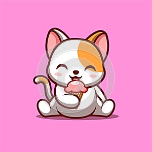 White Cat Sitting Eating Ice Cream Cute Creative Kawaii Cartoon Mascot Logo