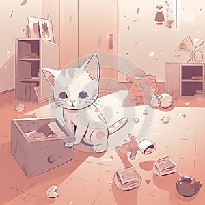 a white cat sitting on the floor next to a chest of drawers and a teddy bear in a room filled with books and other items