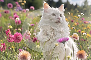 White cat sitting in the middle of colorful flowers in the garden. Flowering flowers, a symbol of spring, new life