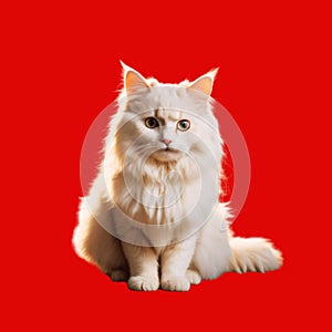 A white cat sitting on a red background