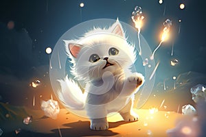 White cat sitting on the sand with a burning candle in the sky. Generative AI.
