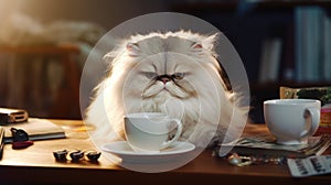 A white cat sitting on a table next to a cup of coffee. Generative AI image.
